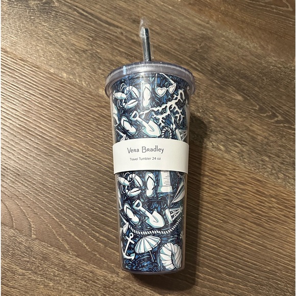 Vera Bradley 24oz. Double Wall Tumbler with Straw Pattern Shore Enough - Picture 2 of 6
